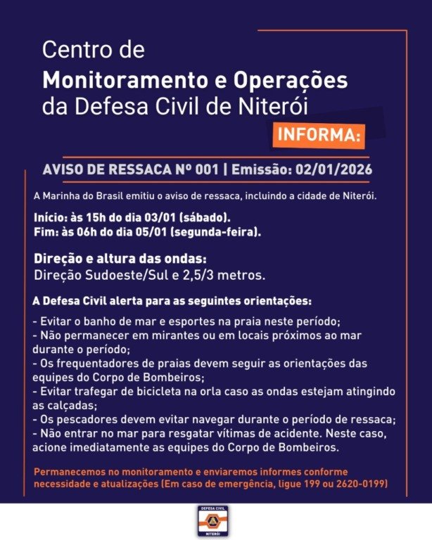 Marinha do Brasil divulgou o aviso de Ressaca nº1 que inclui o litoral de Niterói